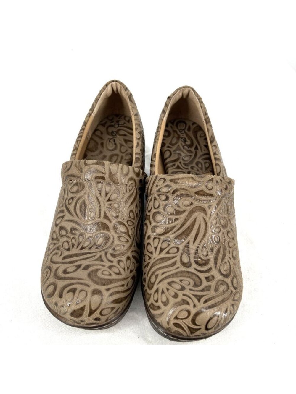 BOC Born Concept Peggy Brown Embossed Leather Clogs Sz 9 Tooled Slip On Mules